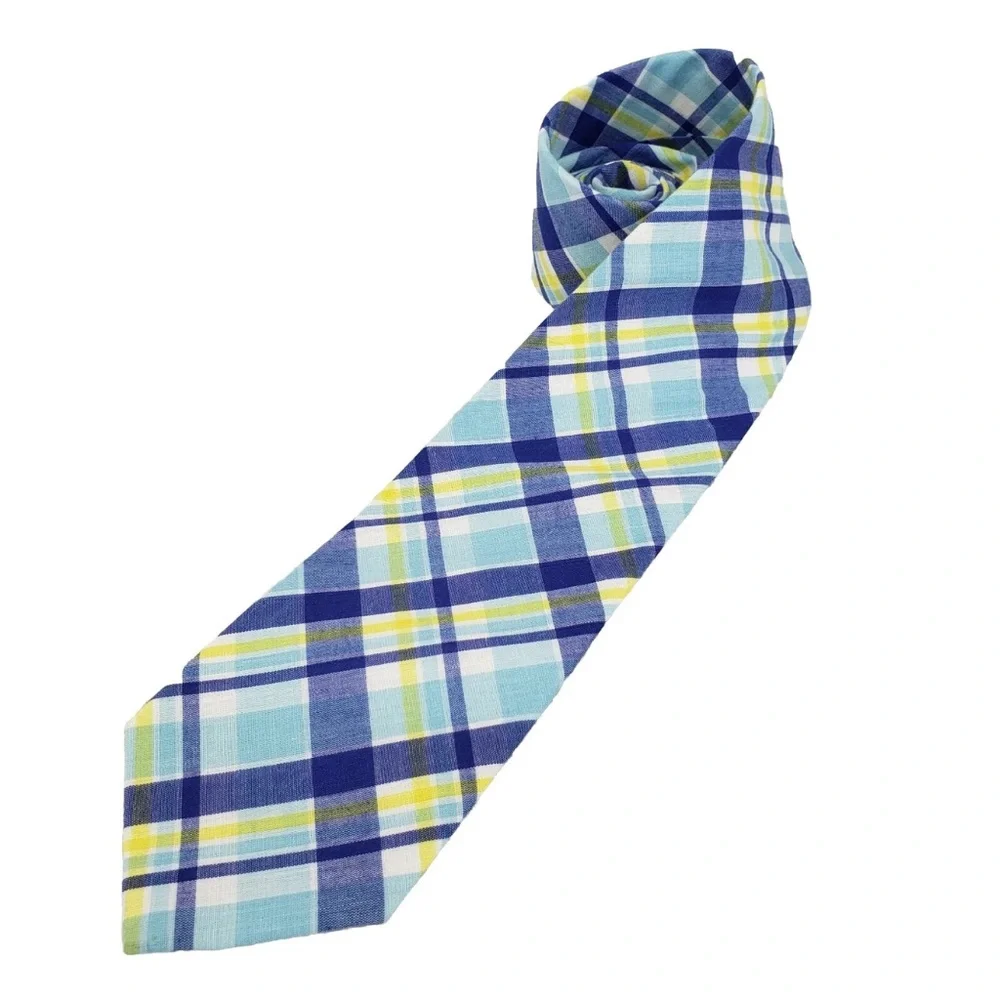 J. Khaki Blue / Yellow / White Plaid Necktie / Tie.